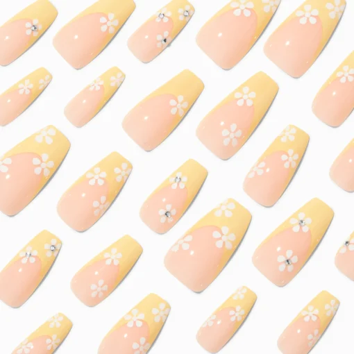 Faux ongles vegan squareletto marguerite blanche et French manucure jaune - Lot de 24