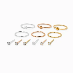 22G Mixed Metal Sterling Silver Nose Studs & Hoop - 12 Pack