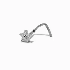 20G Silver-tone Stainless Steel Cubic Zirconia Flower Threadless Corkscrew Nose Stud