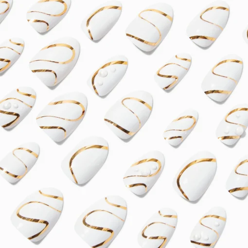 Gold Squiggle & Pearl Short Almond Vegan Faux Nail Set - 24 Pack