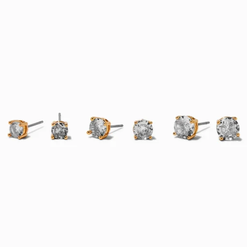 Gold-tone Cubic Zirconia 5mm, 6mm, & 7mm Round Stud Earrings - 3 Pack