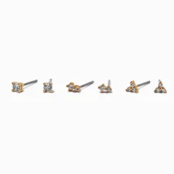 Gold-tone Cubic Zirconia 3mm Mixed Stud Earrings - 3 Pack