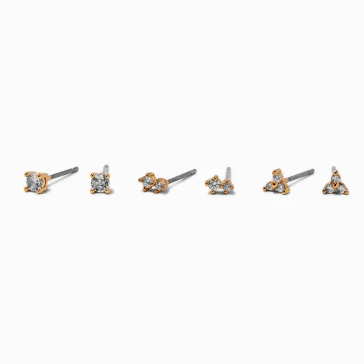 Gold-tone Cubic Zirconia 3mm Mixed Stud Earrings - 3 Pack