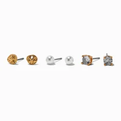 Gold-tone Cubic Zirconia Sand Dollar Stud Earrings - 3 Pack