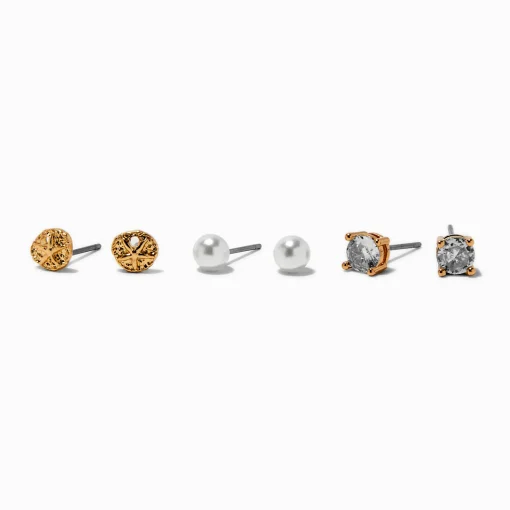 Gold-tone Cubic Zirconia Sand Dollar Stud Earrings - 3 Pack