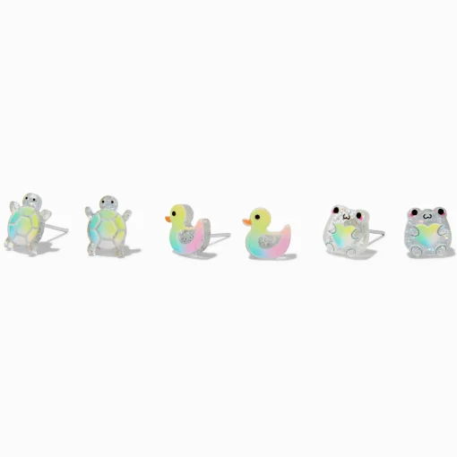 Iridescent Glitter Turtle, Frog, & Duck Stud Earrings - 3 Pack
