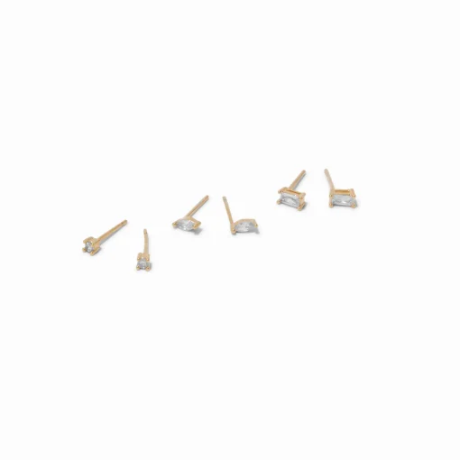 18kt Gold Plated Cubic Zirconia 2mm, 3mm, & 4mm Oblong Stud Earrings - 3 Pack