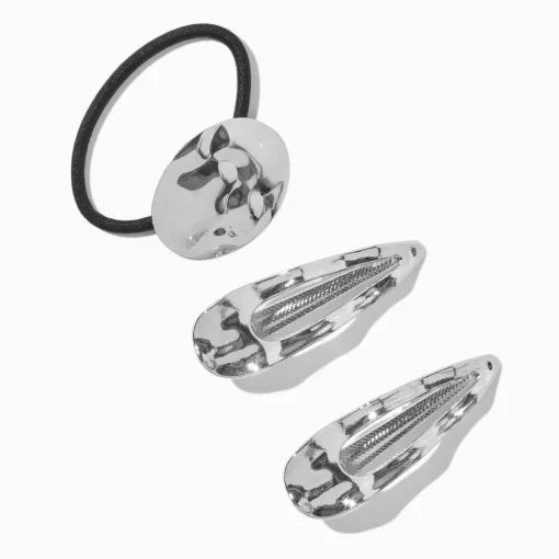 Élastique et barrettes clic-clac style martelé couleur argentée - Lot de 3