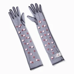 Longs gants rosette en tissu fin noir