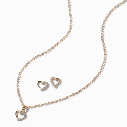 Lot clous d'oreilles et collier à pendentif cœur en zircon cubique couleur dorée