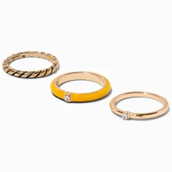 Lot de bagues décorées couleur dorée émaillées jaunes - Lot de 3
