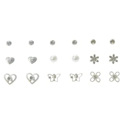 Lot de 9 paires de clous d'oreilles floraux, perles d’imitation et strass couleur argentée