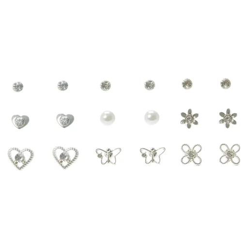 Lot de 9 paires de clous d'oreilles floraux, perles d’imitation et strass couleur argentée