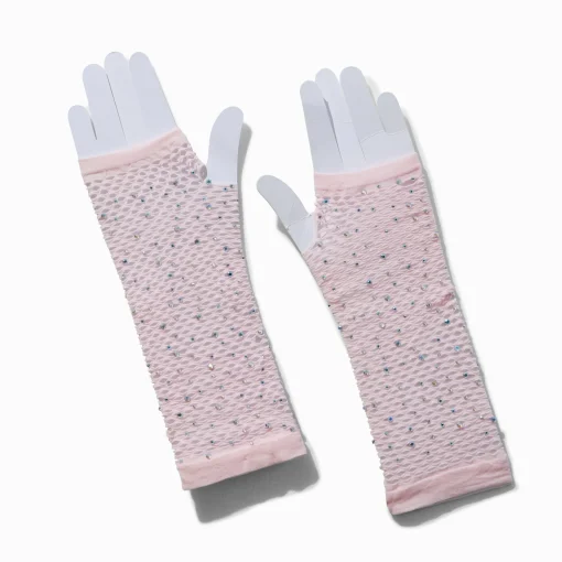 Mitaines en résille roses avec strass incrustés