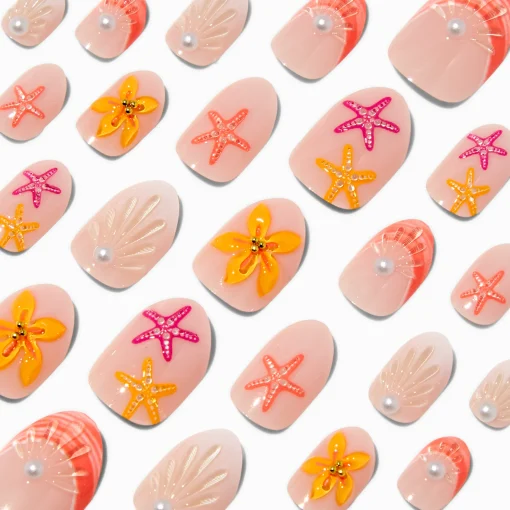 Orange Seashell & Starfish Stiletto Press On Vegan Faux Nail Set - 24 Pack