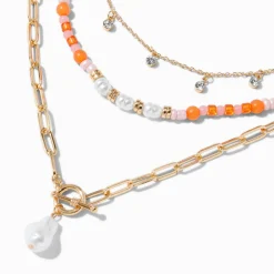 Pearl Toggle Coral Beaded Multi-Strand Necklace