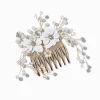 Peigne à cheveux couleur dorée perles d'imitation et fleurs blanches