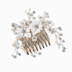 Peigne à cheveux couleur dorée perles d'imitation et fleurs blanches
