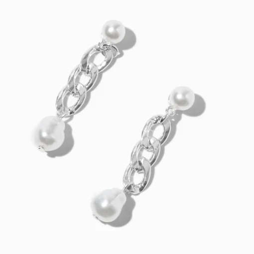 Pendantes 5 cm chaîne cubaine perles d'imitation et couleur argentée
