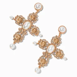 Pendantes 8 cm croix perles d'imitation décorées couleur dorée