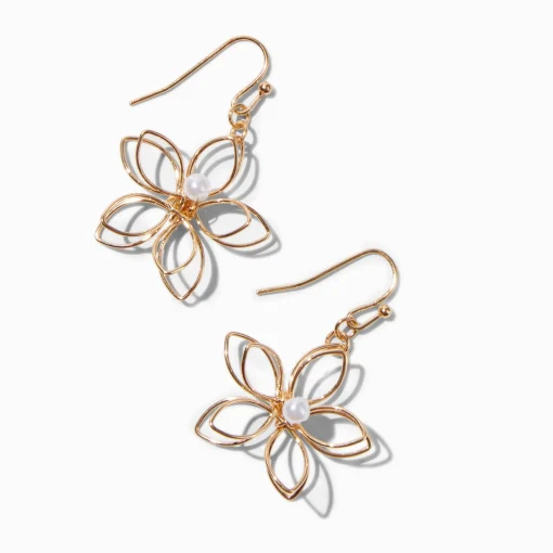 Pendantes 2,5 cm perle d'imitation et fleur en fil métallique couleur dorée