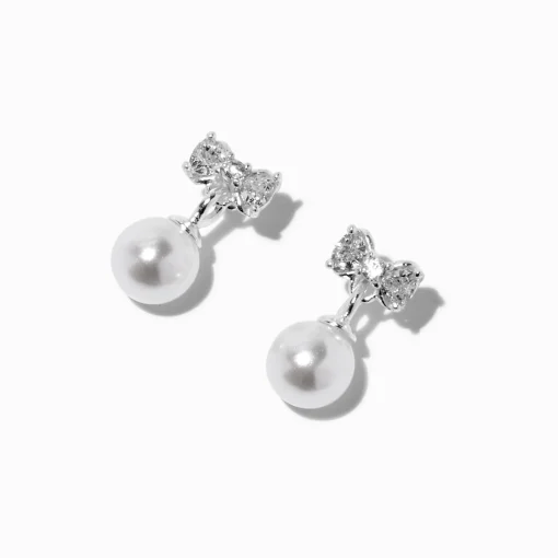 Pendantes perles d'imitation nœud en zircon cubique couleur argentée C LUXE by Claire’s