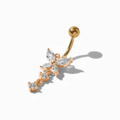 Piercing barre de nombril 1,6 mm avec breloque papillon en zircon cubique et acier inoxydable couleur dorée