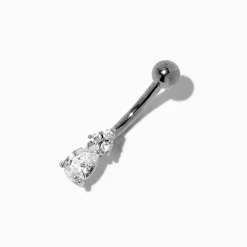 Piercing de nombril 1,6 mm à trois branches zircon cubique en acier inoxydable couleur argentée