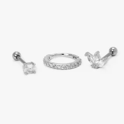 Piercings de cartilage 1,0 mm designs variés en zircon cubique couleur argentée - Lot de 3