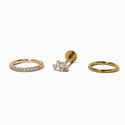 Piercings de cartilage sans filetage anneaux et clou 1,0 mm en zircon cubique et acier inoxydable couleur dorée - Lot de 3
