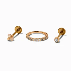Piercings de cartilage sans filetage anneau et clous 1,0 mm en zircon cubique et acier inoxydable couleur dorée - Lot de 3