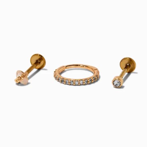 Piercings de cartilage sans filetage anneau et clous 1,0 mm en zircon cubique et acier inoxydable couleur dorée - Lot de 3