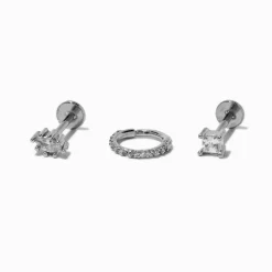 Piercings de cartilage sans filetage anneaux et clou 0,8 mm en zircon cubique et acier inoxydable couleur argentée - Lot de 3