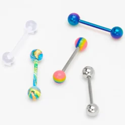 Piercings de langue arc-en-ciel aux designs variés 1,6 mm couleur argentée - Lot de 5