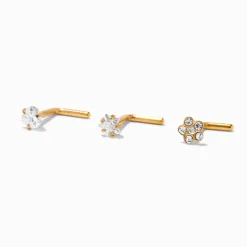 Piercings de nez étoile, cœur et fleur 1,0 mm en titane couleur dorée - Lot de 3
