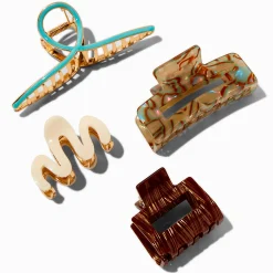 Pinces à cheveux texturées marron et couleur turquoise - Lot de 4