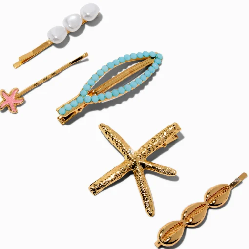 Épingles à cheveux et barrettes étoile de mer variées couleur dorée - Lot de 5