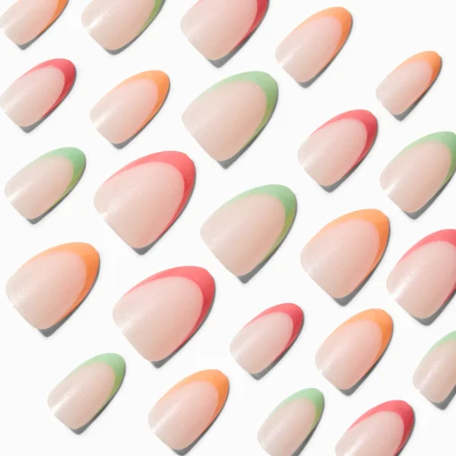 Pink, Orange & Green French Tip Short Almond Vegan Faux Nails - 24 Pack