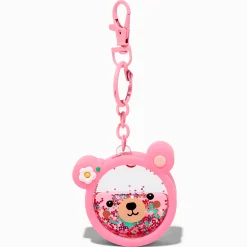 Porte-clés à paillettes rempli d’eau ours visage d'ours rose