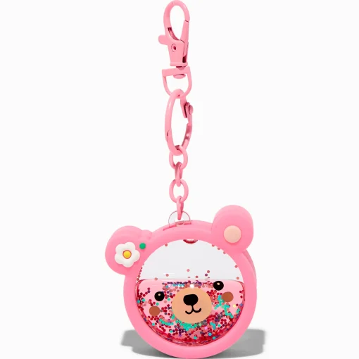 Porte-clés à paillettes rempli d’eau ours visage d'ours rose