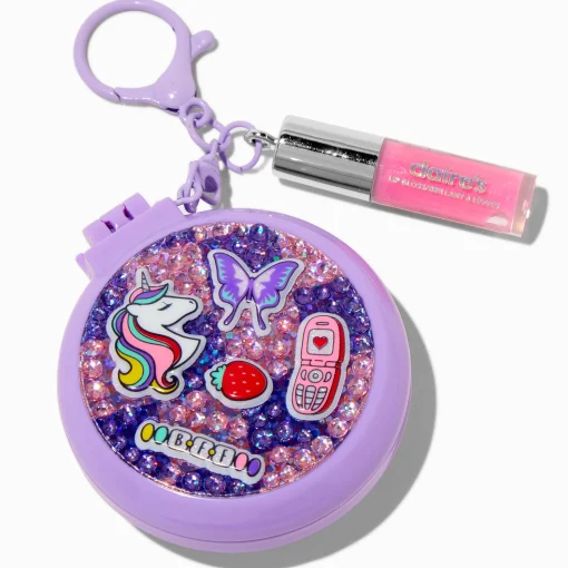 Porte-clés gloss et brosse à cheveux licorne Y2K violet