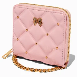 Porte-monnaie zippé rose effet matelassé moelleux à chaîne couleur dorée