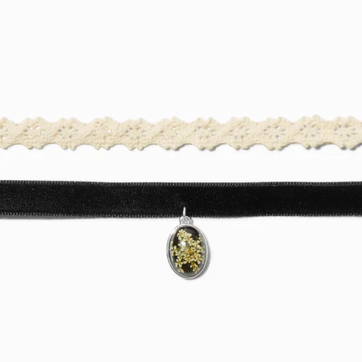 Ras-de-cou dentelle et fleurs séchées - Lot de 2