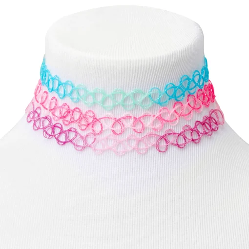 Ras-de-cou effet tatouage à paillettes pastel - Lot de 3