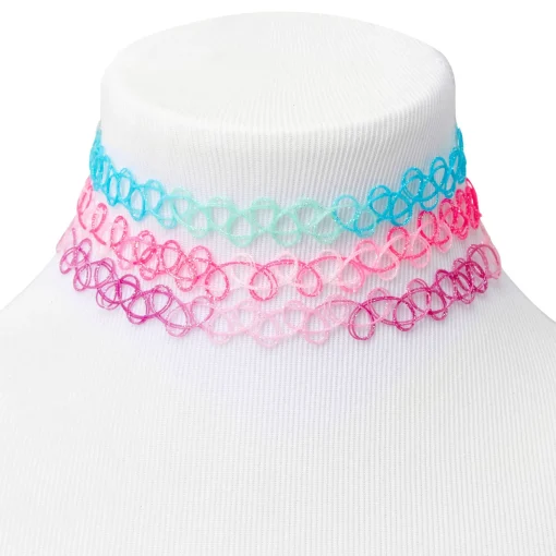 Ras-de-cou effet tatouage à paillettes pastel - Lot de 3