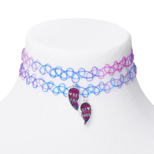 Ras-de-cou effet tatouage best friends cœur violet et bleu - Lot de 2