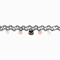 Ras-de-cou effet tatouage breloque fleur rose chat noir