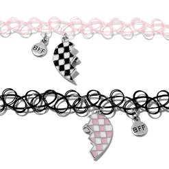 Ras-de-cou effet tatouage cœur fendu rose et noir best friends - Lot de 2