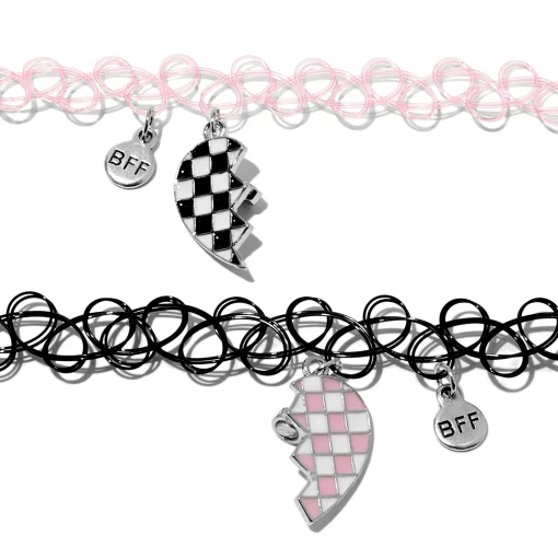 Ras-de-cou effet tatouage cœur fendu rose et noir best friends - Lot de 2