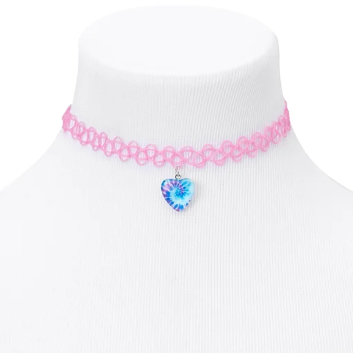 Ras-de-cou effet tatouage cœur tie-dye rose